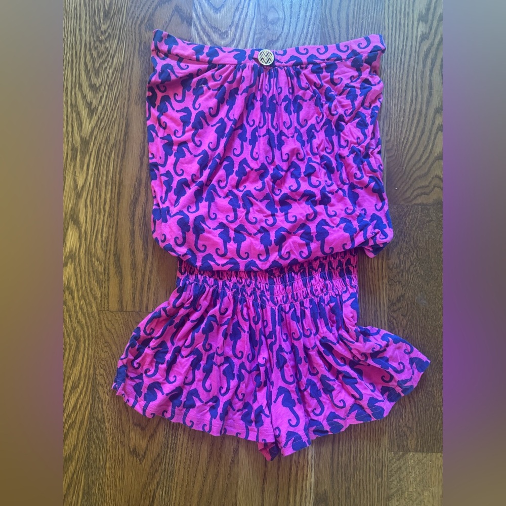 Macbeth Collection Pink and Navy Romper Strapless Size Small Stretchy Seahorse